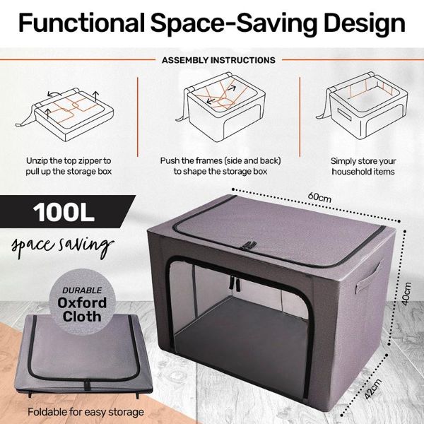 Grey Fabric Foldable 100L Storage Box With Clear Window - 60cm x 42cm x 40cm