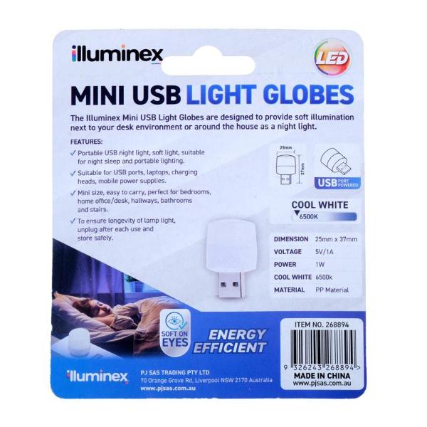 2 Pack Illuminex Mini Cool White Usb Type A Powered 1W 5V Led Lamp - 2.5cm x 3.7cm