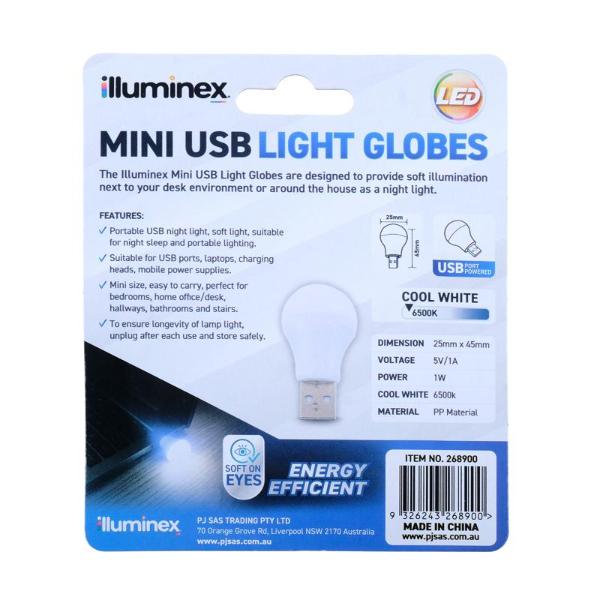 2 Pack Illuminex Mini Cool White Usb Powered 1W 5V Light Globes - 2.5cm x 4.5cm