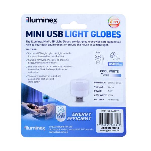 Illuminex Mini Cool White 2 Usb Ports Powered 0.6W 5V1A Light Globes - 2.5cm x 4.5cm