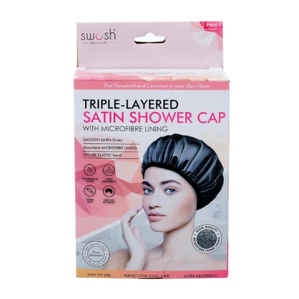 Black Satin Shower Cap With Microfibre Lining - 32cm