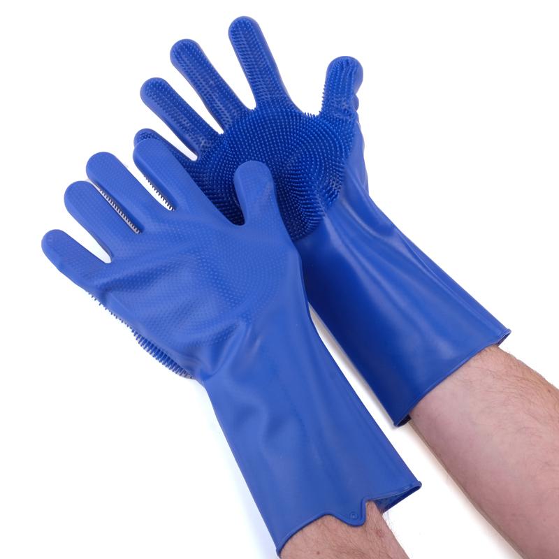 Blue Silicone Scrubbing Brush Cleaning Gloves - 32cm