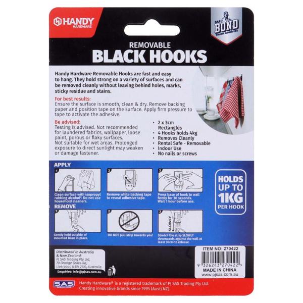 4 Pack Black Plastic Removable Hooks - 3cm x 2cm