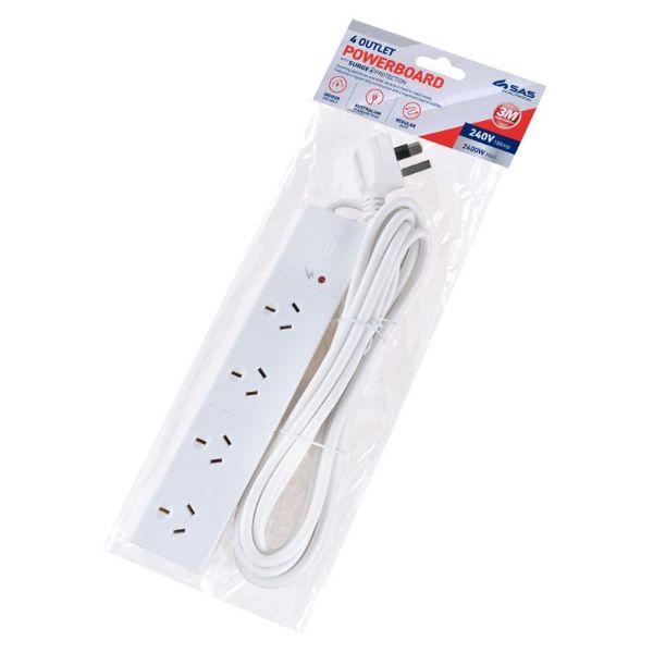 White 240V 10A Max Load 240W With Surge Protection Power Board - 3m