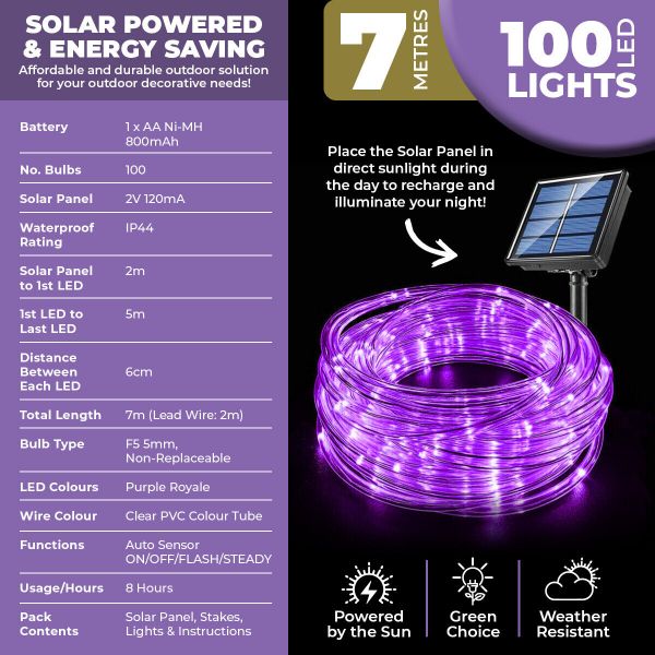 Purple Royale Led Solar Rope Light - 700cm | The Base Warehouse