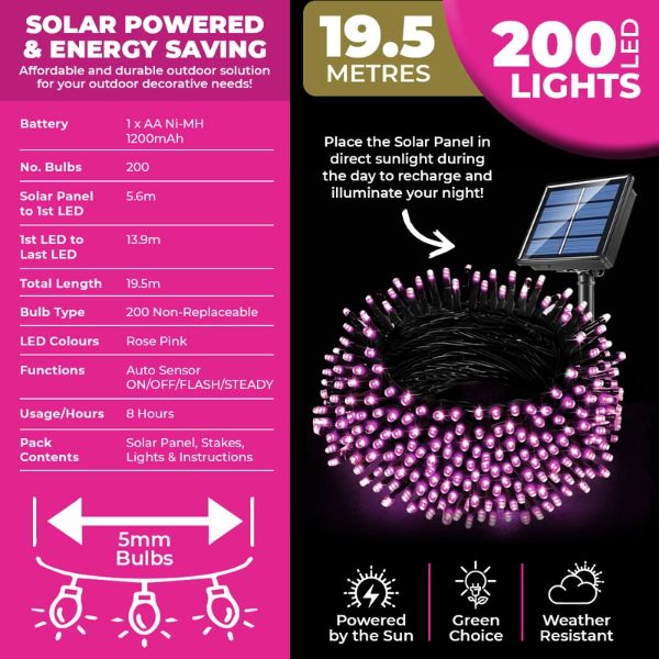 Pink Led Solar Weather Resistant Fairy Lights - 19.5m