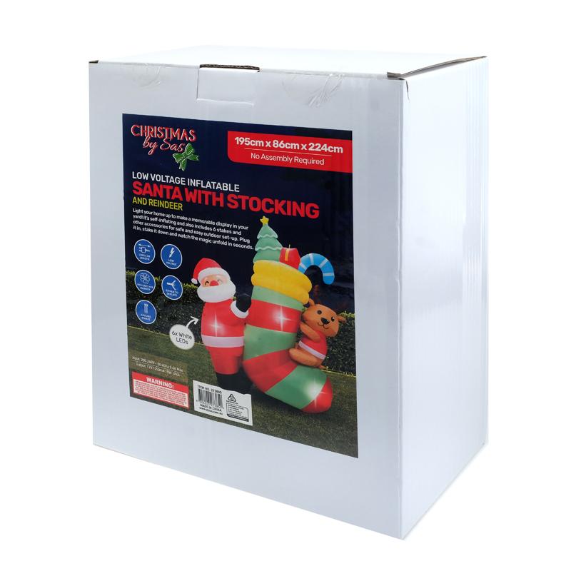 Low Voltage Inflatable Santa With Stocking & Reindeer - 195cm x 86cm x 224cm