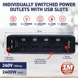Load image into Gallery viewer, 3 Pack 2 USB Ports Surge Protected 4 Outlet Switch Powerboard
