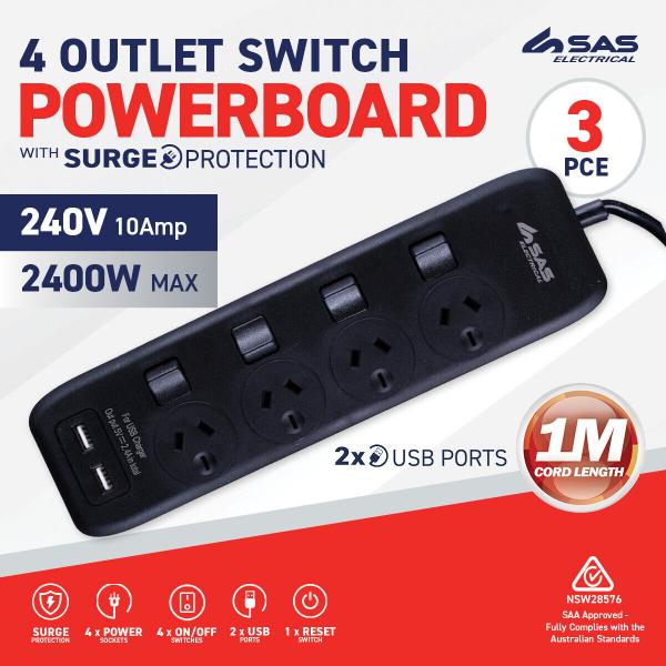 3 Pack 2 USB Ports Surge Protected 4 Outlet Switch Powerboard