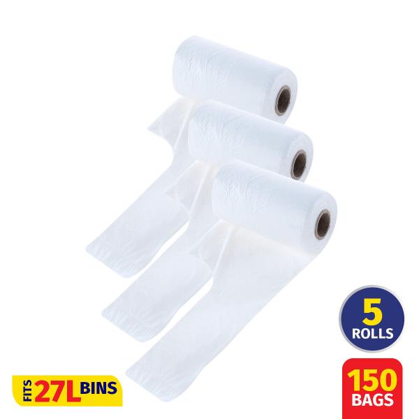 150 Pack White Durable Bin Bags With Handles - 51cm x 65cm
