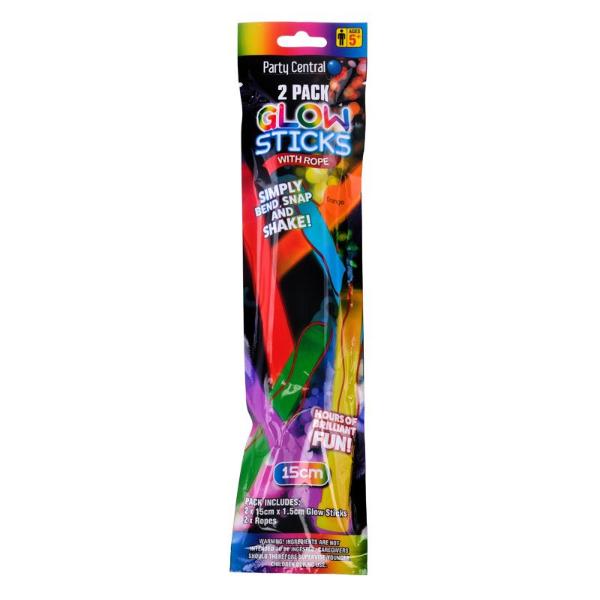 2 Pack Glow Stick Bars With Rope - 15cm x 1.5cm
