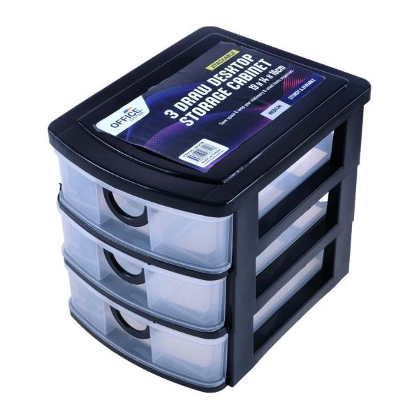 Medium Black With Transparent Front 3 Drawer Storage - 19cm x 14cm x 16cm