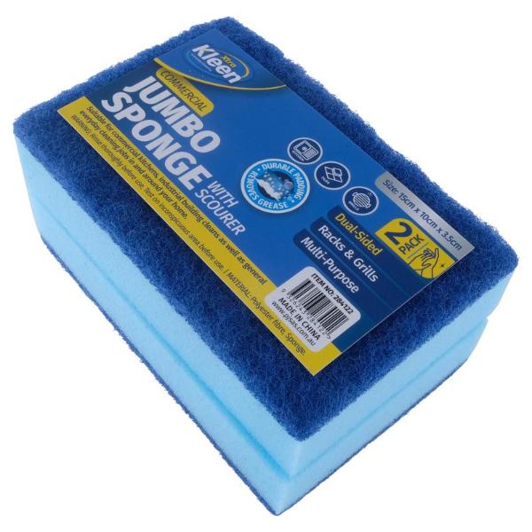 2 Pack Jumbo Sponge With Top Scourer - 15cm x 10cm x 3.5cm