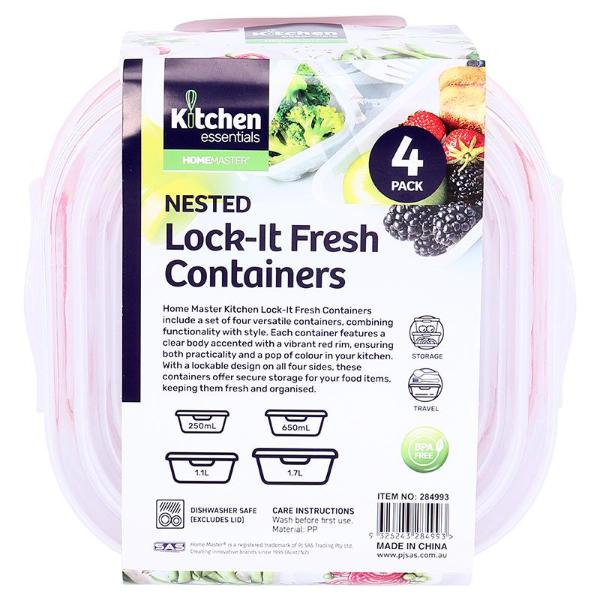 4 Pack Square Lock It Fresh Food Container - 250ml x 650ml x 1100ml x 1700ml