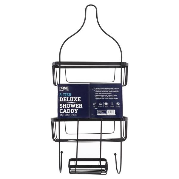 Black 2 Tier Shower Caddy With Soap Holder - 60cm x 28cm x 13cm