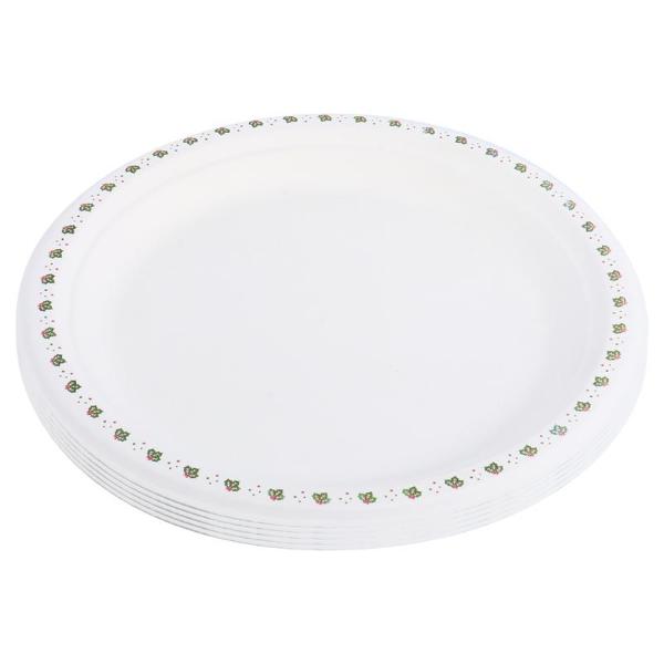 18 Pack Large Round Holly Print Christmas Sugarcane Bagasse Plates - 23cm