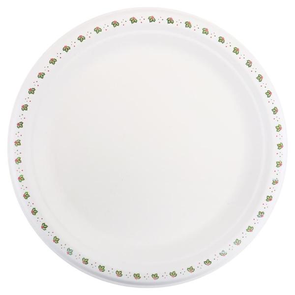 18 Pack Large Round Holly Print Christmas Sugarcane Bagasse Plates - 23cm