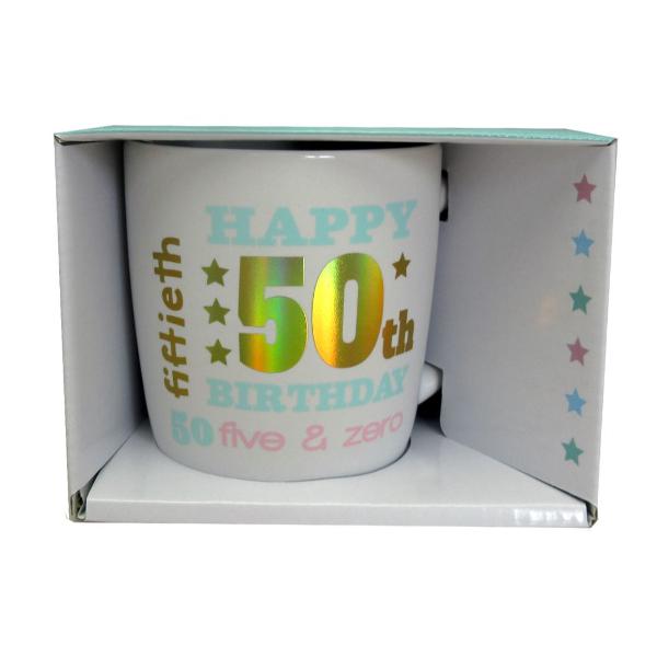 Ceramic Happy 50th White Gold Foil Mug - 350ml