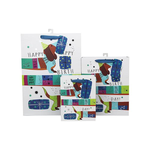Large Dachshund Hot Stamp Happy Birthday Gift Bag - 26cm x 32cm x 12cm