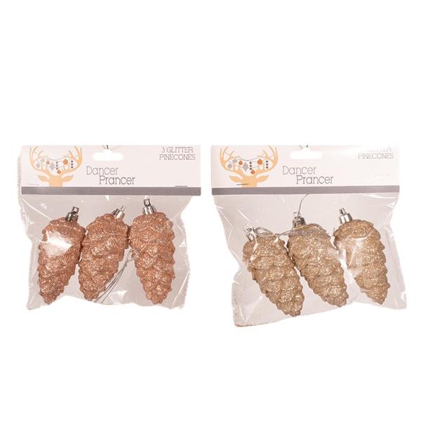 3 Pack Rose Gold Or Champagne Glitter Pinecones - 9cm