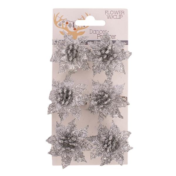 6 Pack White Glitter & Silver Poinsettia Flower With Clip - 5cm