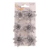 Load image into Gallery viewer, 6 Pack White Glitter &amp; Silver Poinsettia Flower With Clip - 5cm
