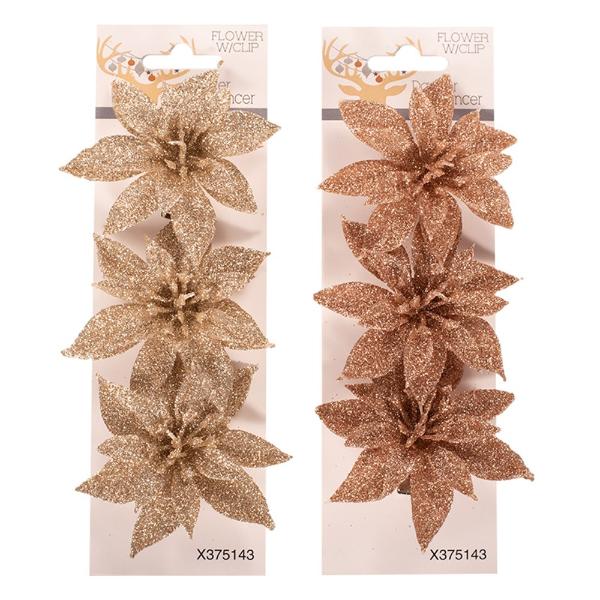 3 Pack Rose Gold & Champagne Poinsettia Flower With Clip - 8cm