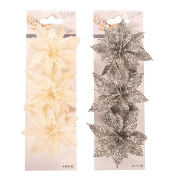 3 Pack White Glitter & Silver Glitter Poinsettia Flower With Clip - 8cm