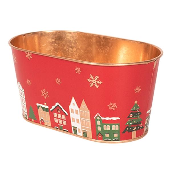 Metal With Christmas Houses Detail Planter - 19.5cm x 11.5cm x 9.5cm