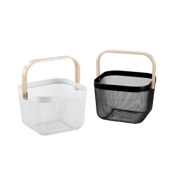 Birch Wood Handle Mesh Storage Basket - 25cm x 25cm x 17cm