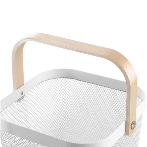 Birch Wood Handle White Mesh Storage Basket - 25cm x 25cm x 17cm