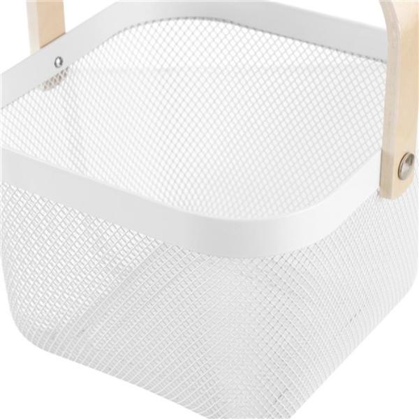 Birch Wood Handle White Mesh Storage Basket - 25cm x 25cm x 17cm