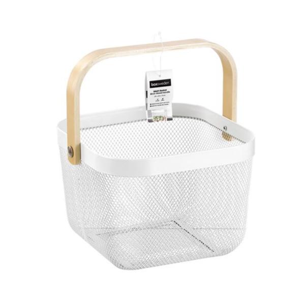 Birch Wood Handle White Mesh Storage Basket - 25cm x 25cm x 17cm