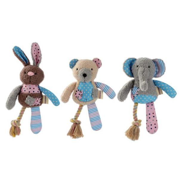 Patchy Pals Plush Bear Pet Toy With Rope - 36cm x 15cm x 7cm