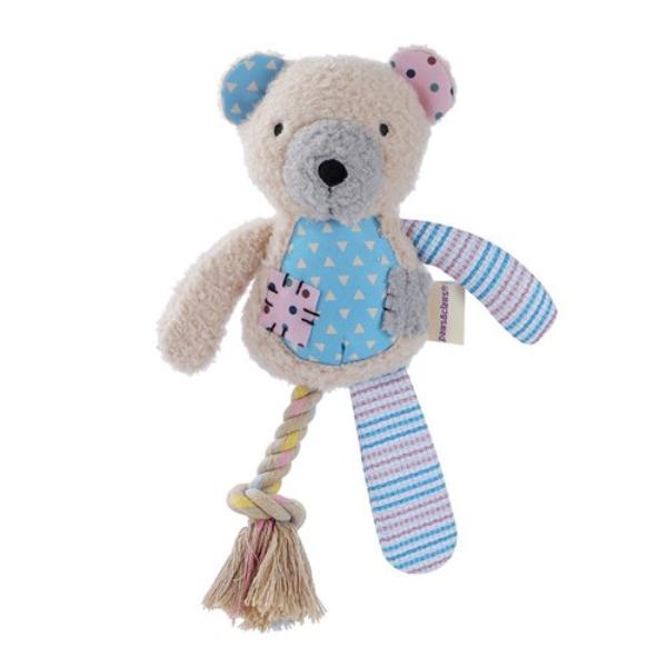 Patchy Pals Plush Bear Pet Toy With Rope - 36cm x 15cm x 7cm