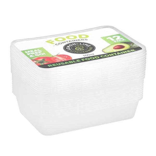 12 Pack Rectangle Reusable Food Container - 500ml