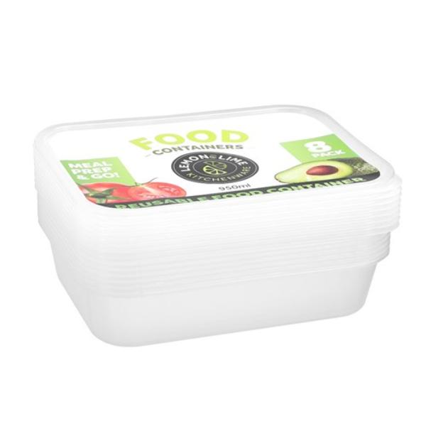 8 Pack Rectangle Reusable Food Container - 950ml