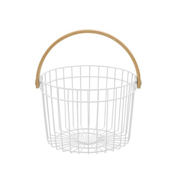 Round White Wire Bamboo Handle Basket - 27cm x 25cm x 18cm