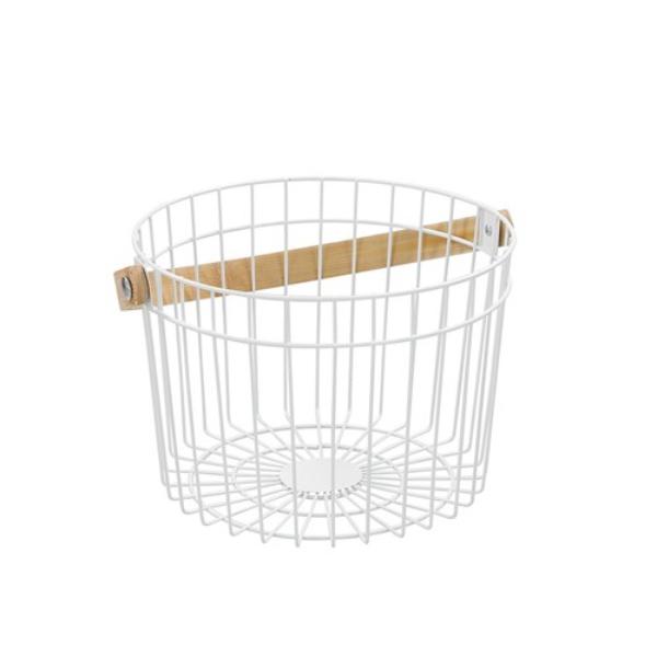 Round White Wire Bamboo Handle Basket - 27cm x 25cm x 18cm