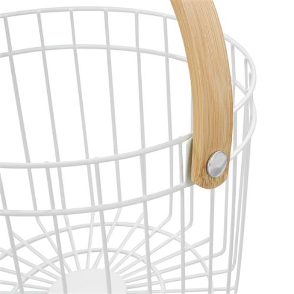 Round White Wire Bamboo Handle Basket - 27cm x 25cm x 18cm