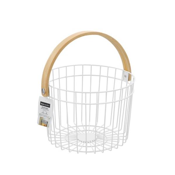 Round White Wire Bamboo Handle Basket - 27cm x 25cm x 18cm