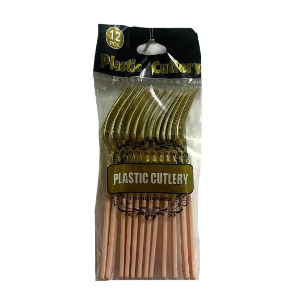12 Pack Gold With Pink Handle Plastic Forks
