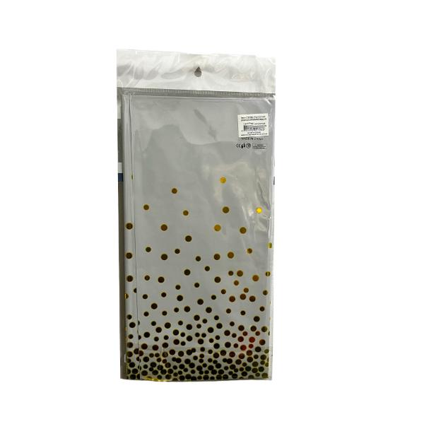 White Foil Table Cloth With Gold Dots - 137cm x 183cm