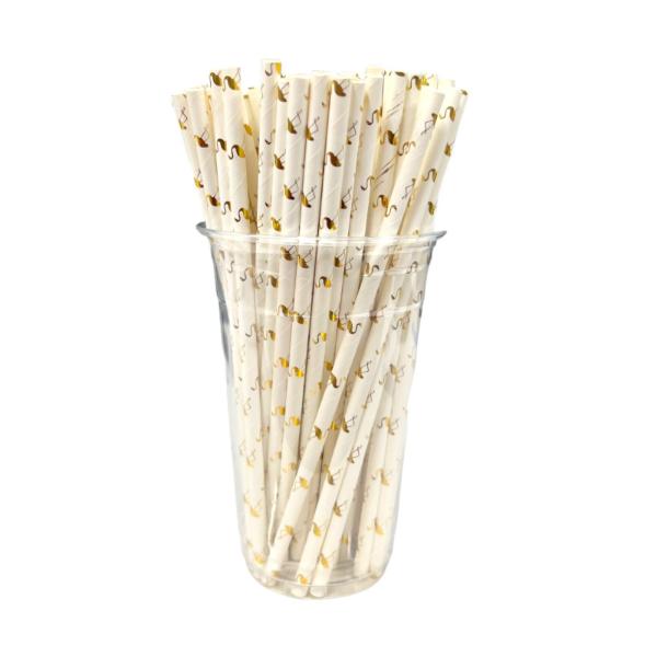 50 Pack White Gold Foil Flamingo Straws