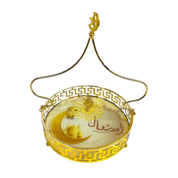 2 Set Of Round Ramadan Gold Tray With Clear Lid & Handle