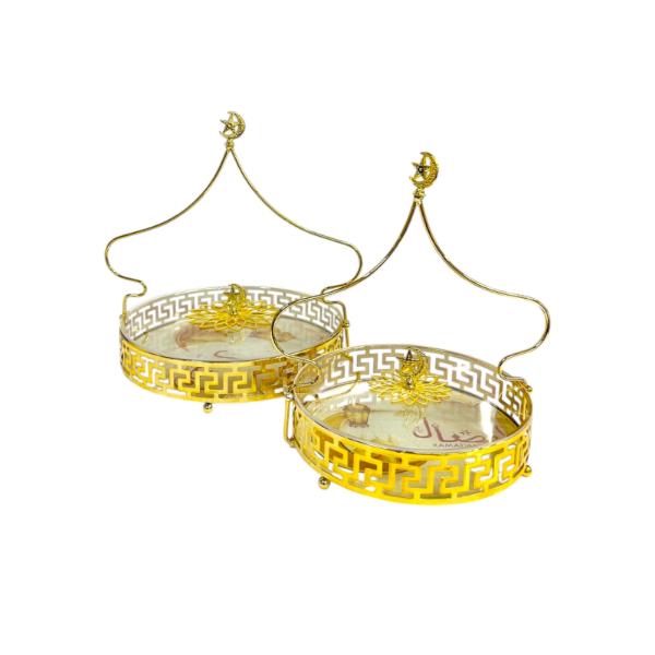 2 Set Of Round Ramadan Gold Tray With Clear Lid & Handle