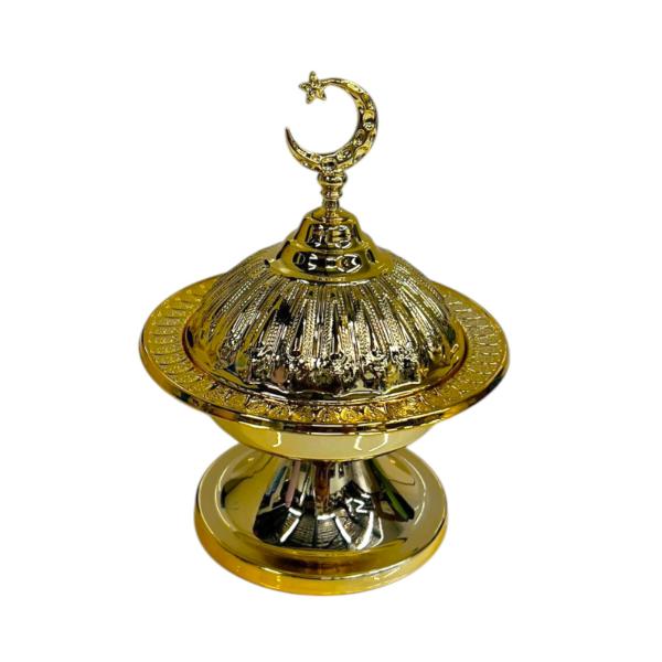 Ramadan Gold Accent Snack Bowl Stand With Moon Lid - 14.5cm x 19cm