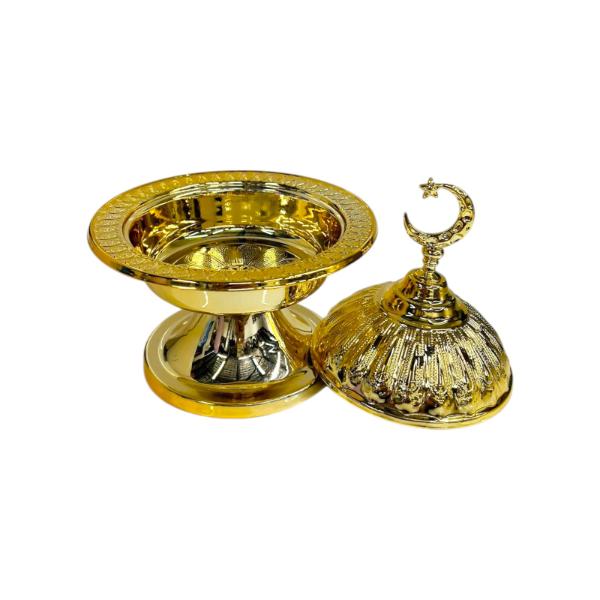 Ramadan Gold Accent Snack Bowl Stand With Moon Lid - 14.5cm x 19cm