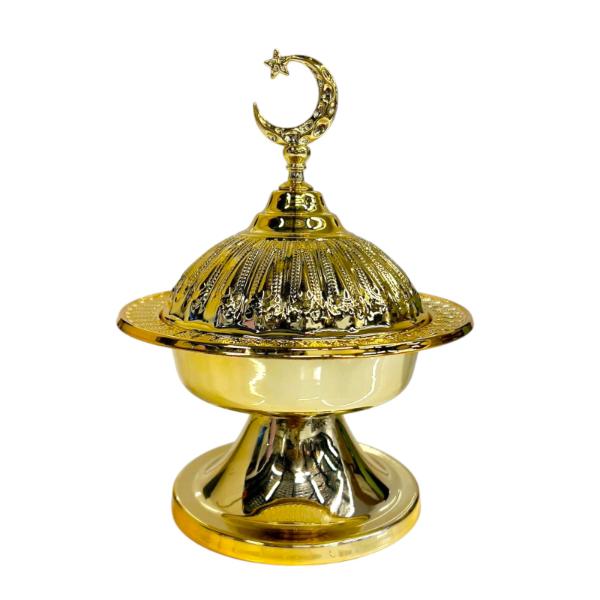 Ramadan Gold Accent Snack Bowl Stand With Moon Lid - 14.5cm x 19cm