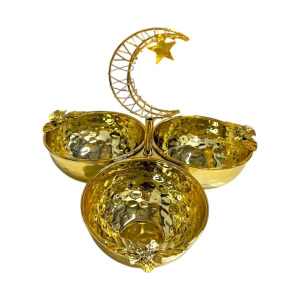 Ramadan & Eid Gold Floral Design Tripple Bowl Serving Tray Stand